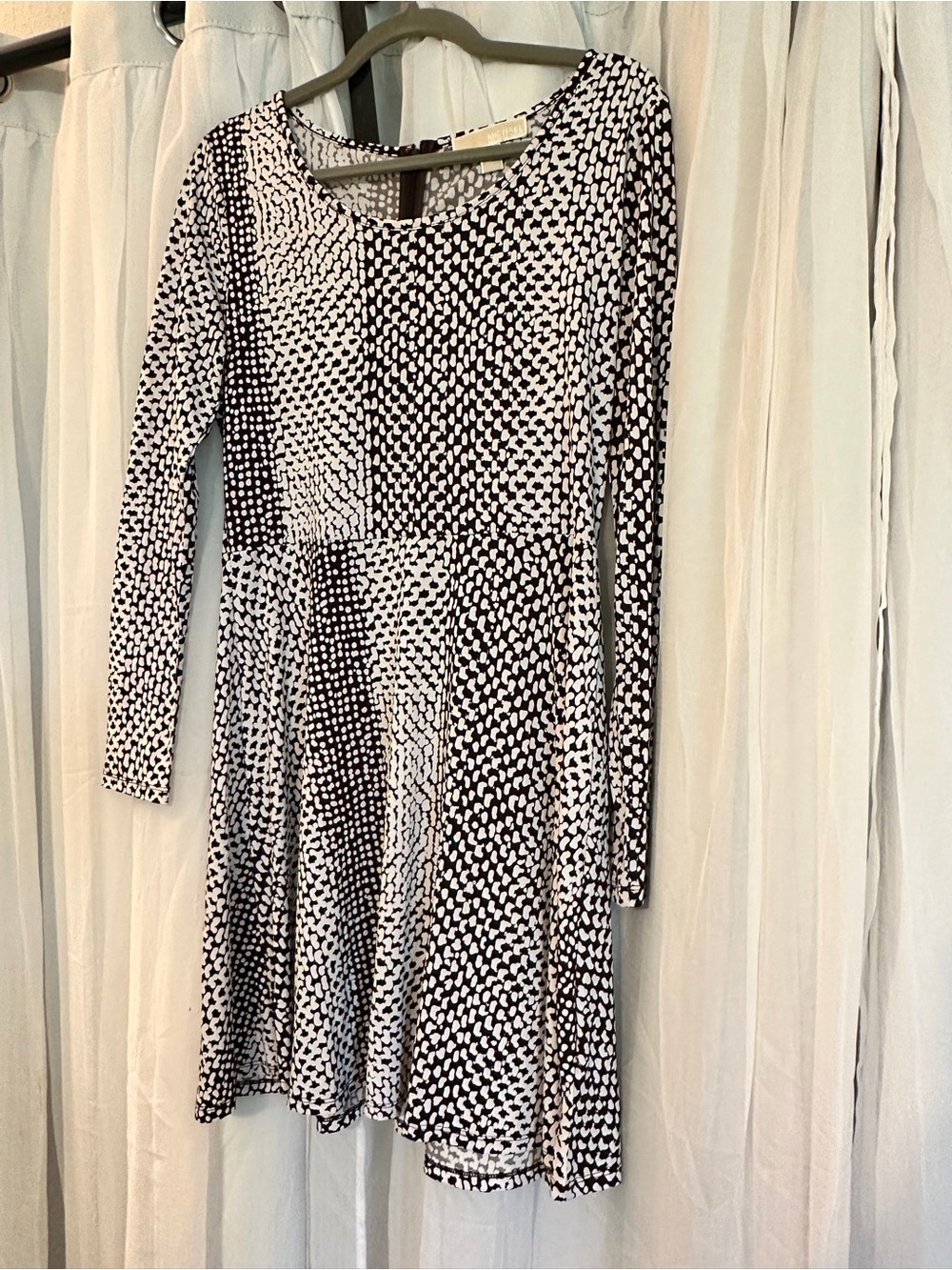 Michael Kors Long Sleeve Dark Brown  and White Patterned Fit-and-Flare Dress - Picture 4 of 6